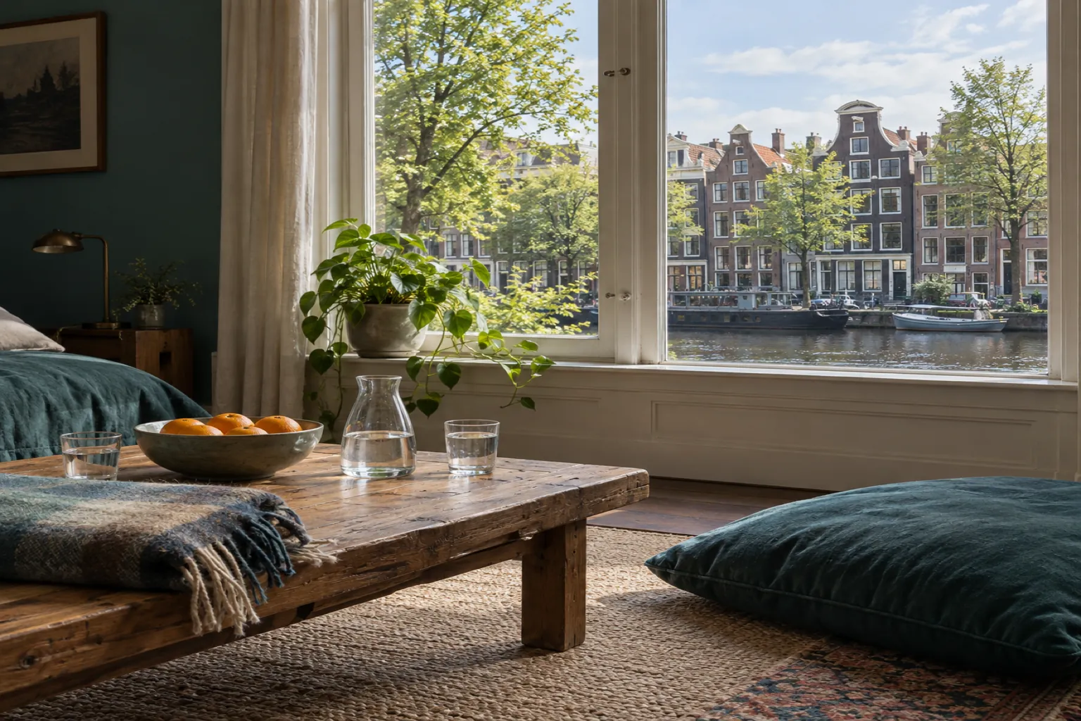 A quiet rented room in an Amsterdam canal house, with water, oranges and a blanket ready on a low table