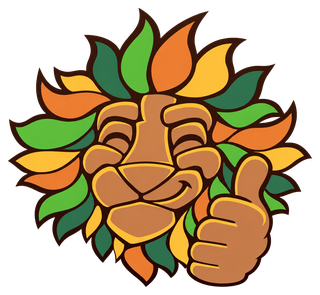 The Dutch-Smart mascot, a smiling lion head with a mane of leaves, giving a thumbs up